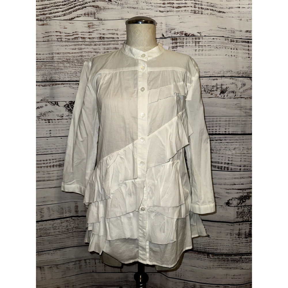 Garnet Hill Womens 100% Cotton White Ruffle Button Up Blouse Size 6 NEW